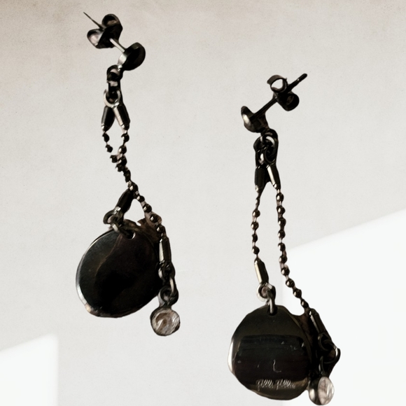FOLLI FOLLIE| BLACK ENAMEL DANGLE EARRINGS W/ RHINESTONE DROPS - Picture 7 of 11